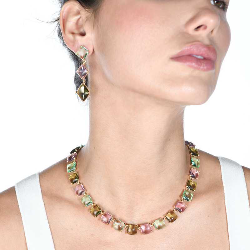 Gioia green and pink quartz necklace, golden silver