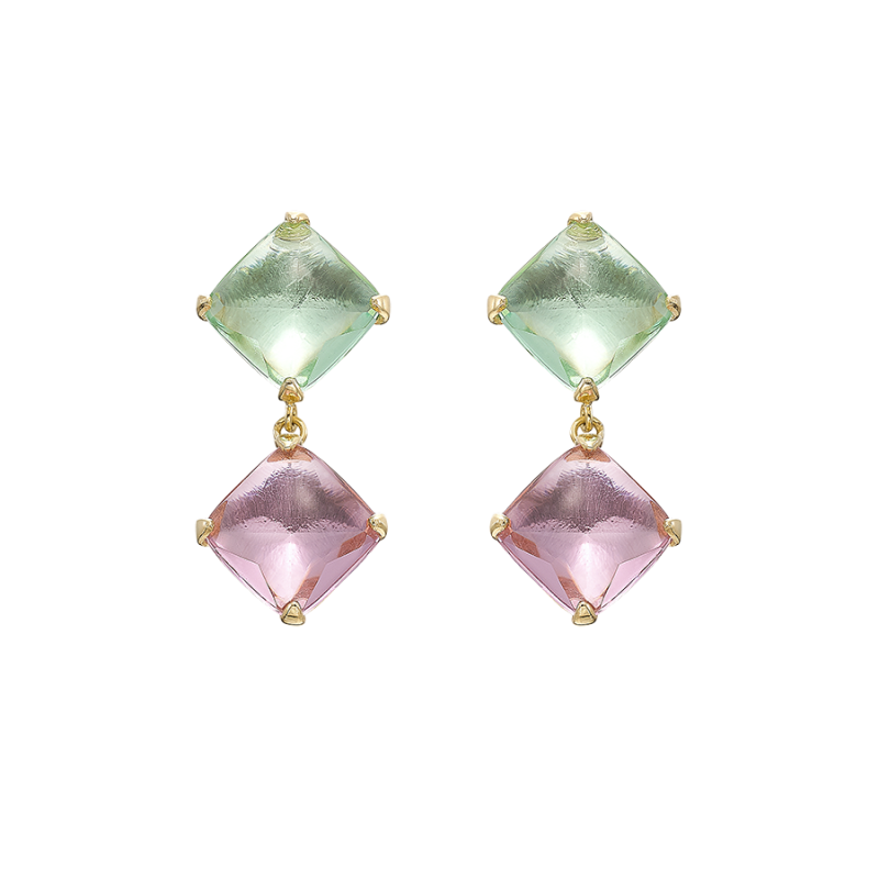 Aria duo green and pink quartz earrings, golden silver