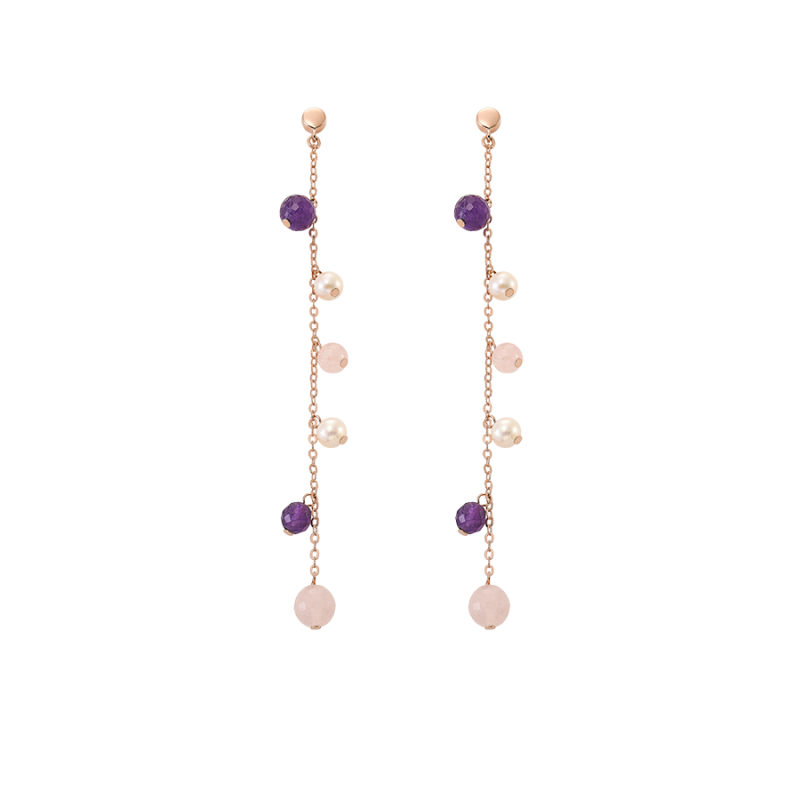 Selene Maxi amethyst, quartz and pearl earrings, pink silver
