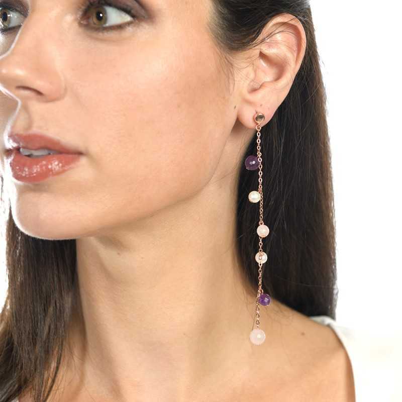 Pendientes Selene Maxi amatistas, cuarzos y perlas, plata rosa