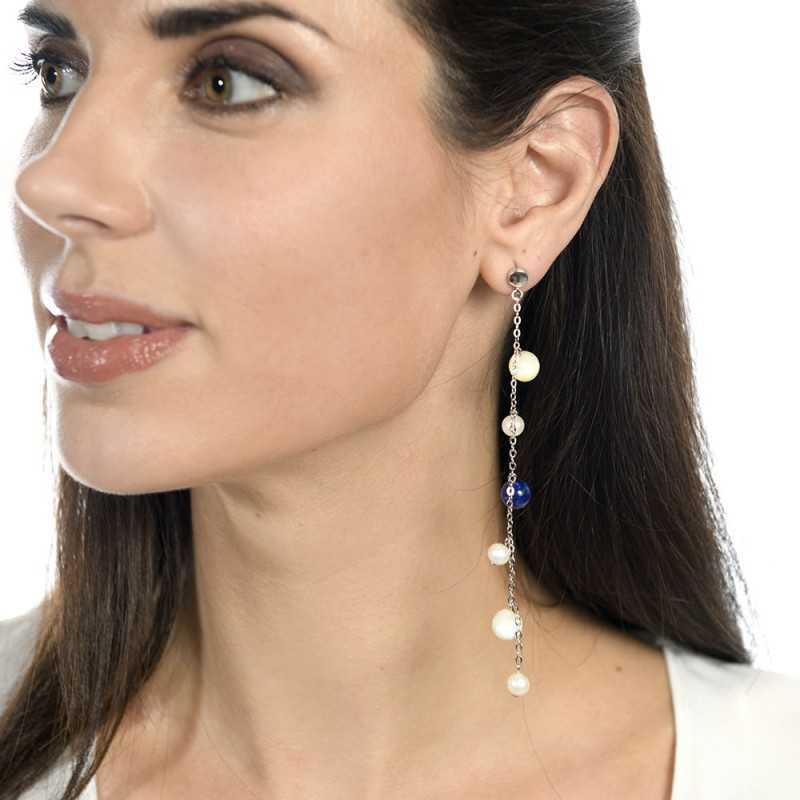 Pendientes Selene Maxi lapislázuli, cuarzos y perlas, plata